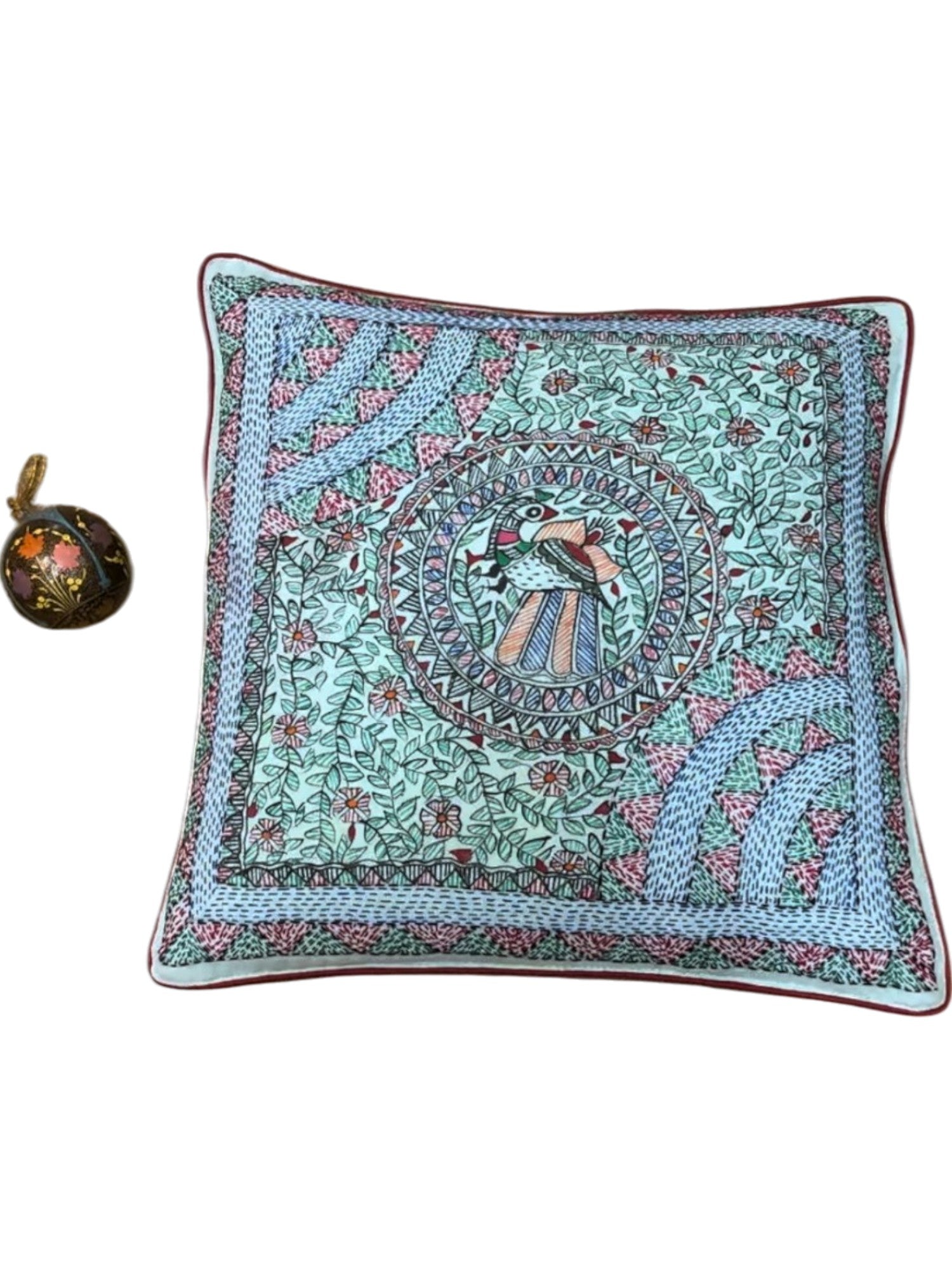 MADHUBANI AND SUJANI HAND-CRAFTED CUSHION COVER- PEACOCK MOTIF